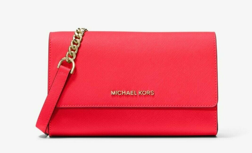 New Michael Kors Jet Set Travel Leather 3-in-1 Crossbody Coral Reef / Dust  bag