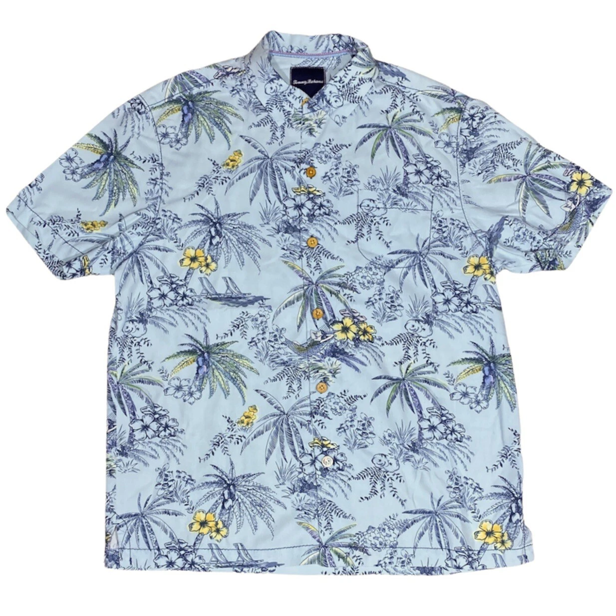Tommy Bahama Pure Silk Hawaiian Men’s Shirt Size Large Blue Island Beach Graphic