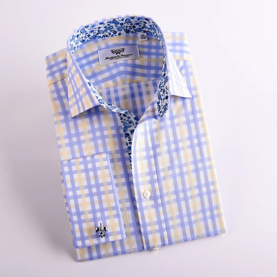 Camisa de vestir formal de negocios a cuadros azul y amarillo para hombre Italiana Floral Paisley Boss Foto 2 de 4
