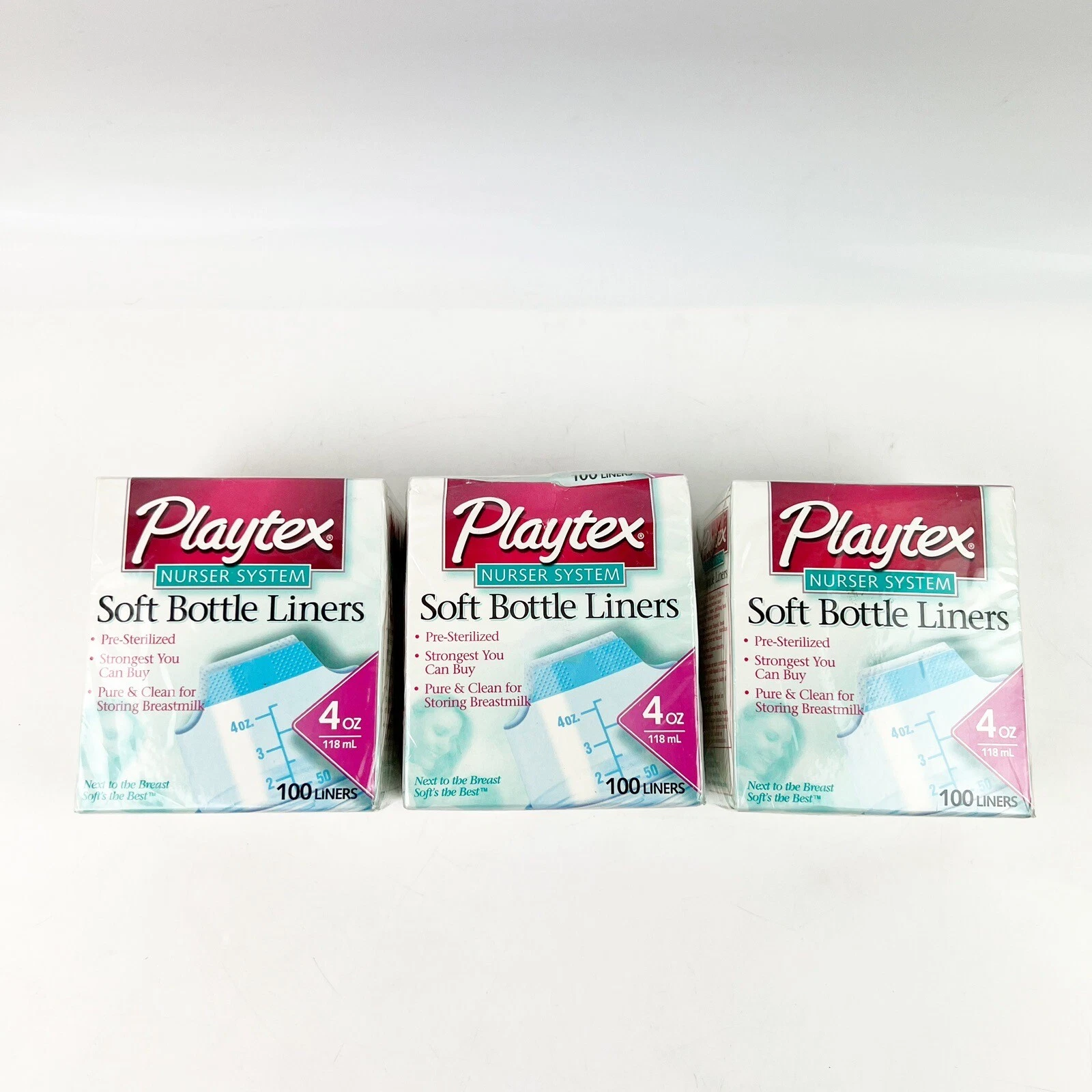 THREE Playtex Nurser System Soft Bottle Liners 4 oz 100 Liners Each NOS Box Wear
