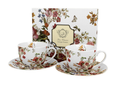 DUO FLORAL 2er-Set Tassen 280 ml VINTAGE FLOWERS WHITE mit Untertassen, New B...