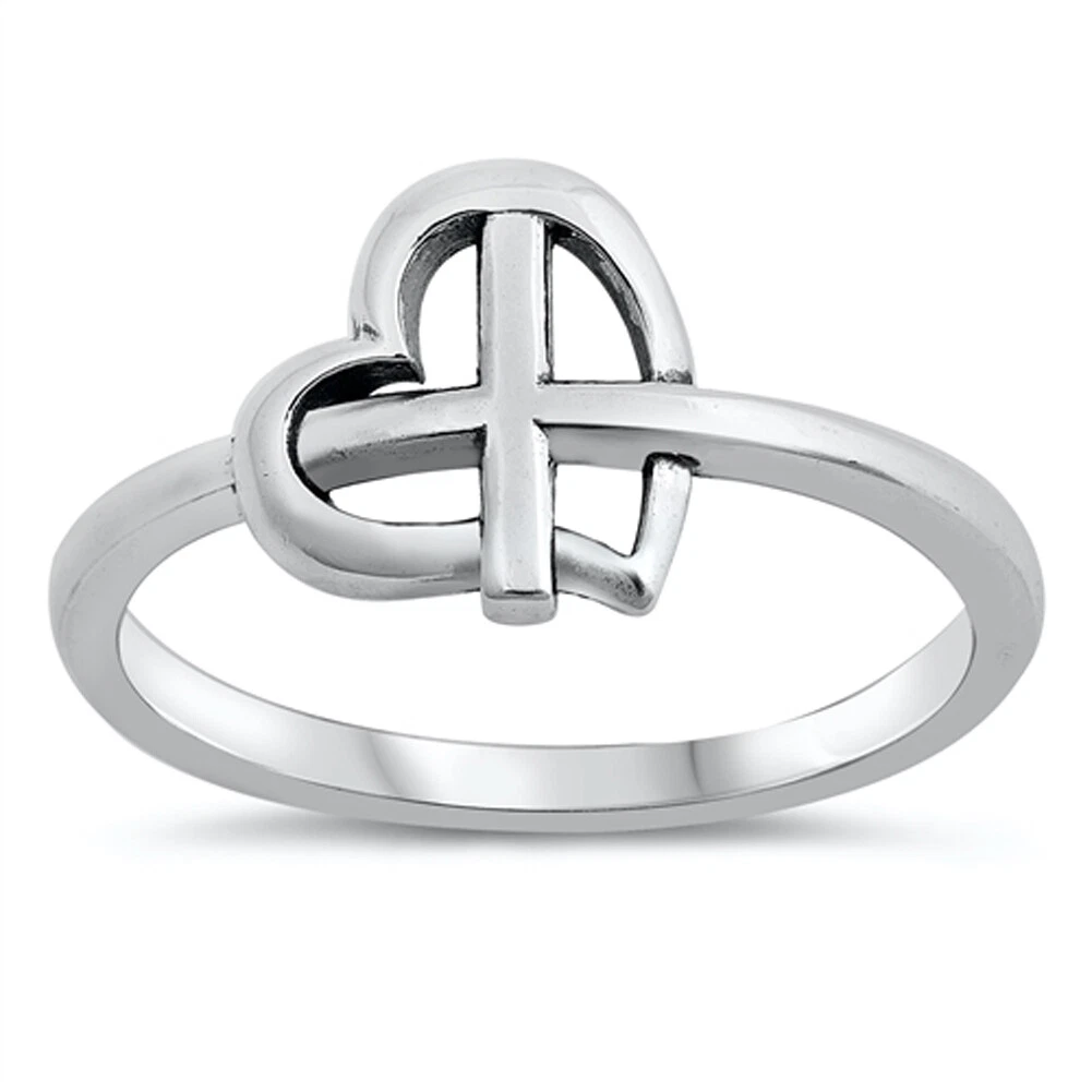 Cross Heart Faith Love Christian Purity Ring 925 Sterling Silver Band Sizes 4 10