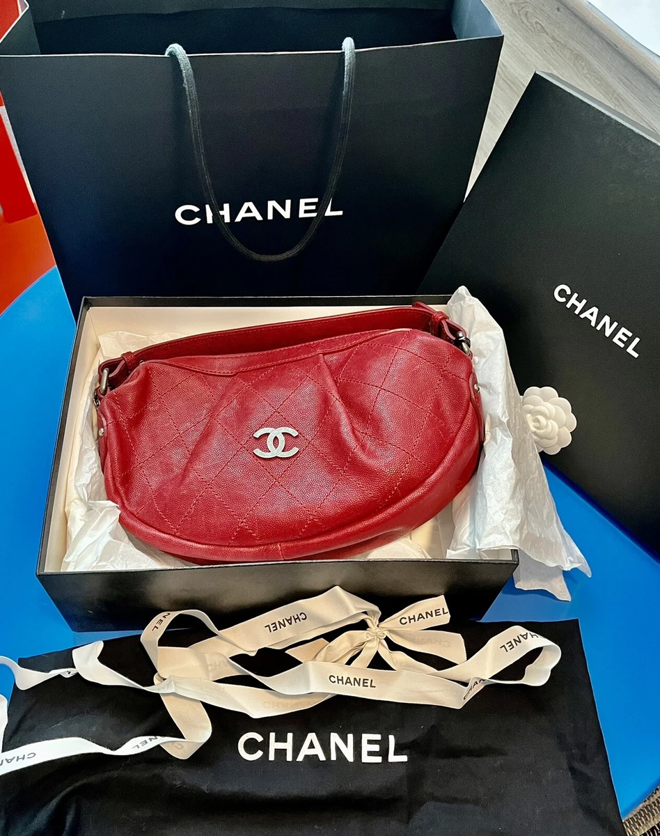 CHANEL Hobo Large Red Caviar Diamond Stitch Chain Accent Bag Purse