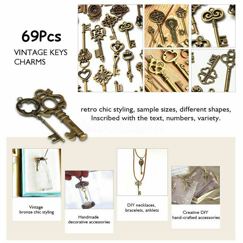 69PCS Skeleton Vintage Old Keys Multi Style Antique Bronze Lock