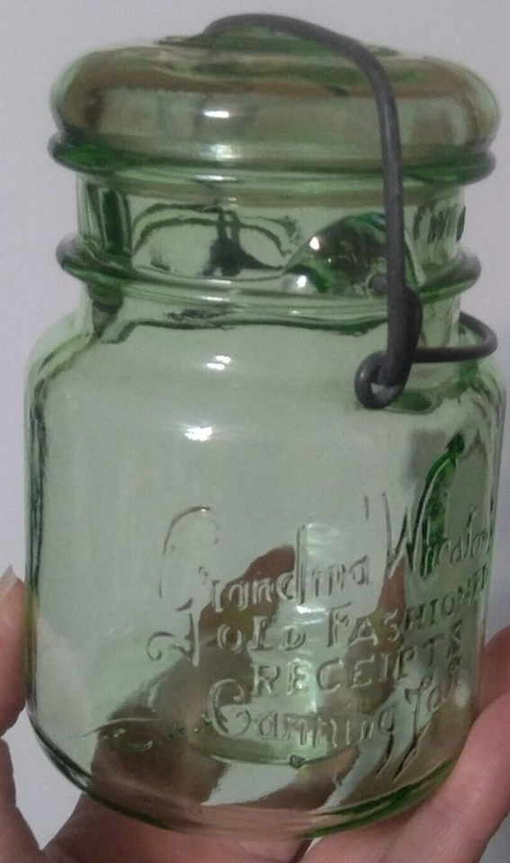 Vintage Green Grandma Wheaton's Old Fashioned Canning Jar With Metal