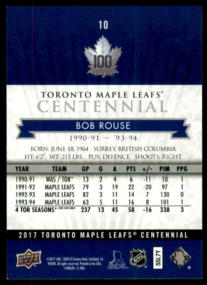 2017-18 Upper Deck Toronto Maple Leafs Centennial Base Bob Rouse #10 - Image 2 of 2