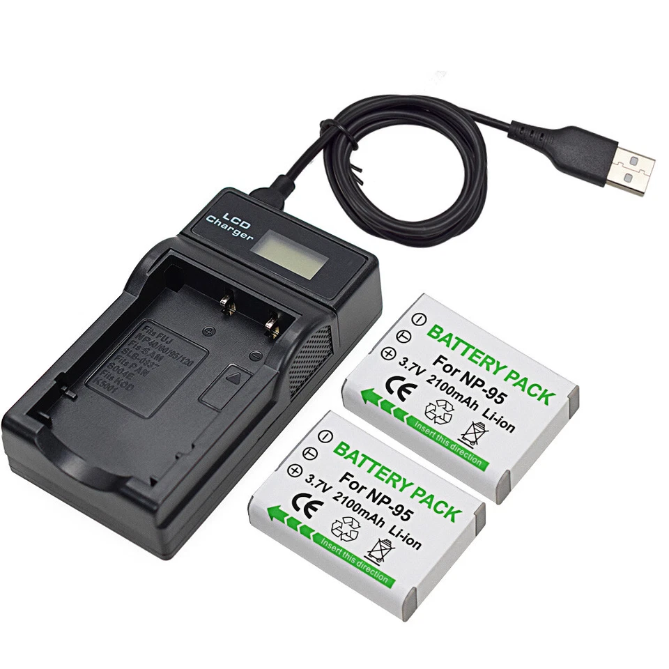 Paquete de 2 baterías + cargador LCD para Fuji NP-95 NP95 FNP-95 BC-65N Ricoh DB-90 BJ-9 Foto 2 de 4