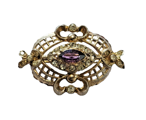 Vintage Coro goldfarbene viktorianische Revival-Stil Brosche Anstecknadel lila Marquis Strass