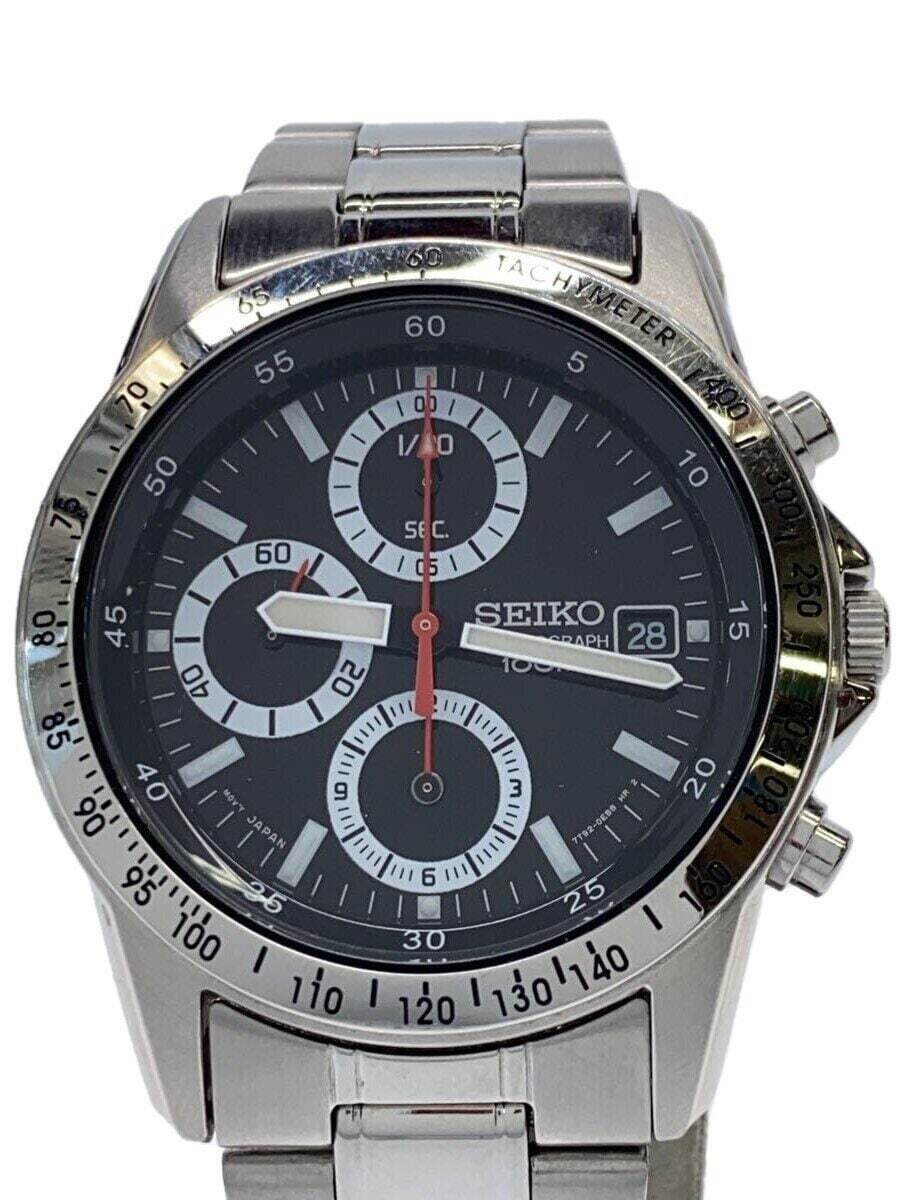 SEIKO 7T92-0DW0 Black Silver Chronograph Quartz Mens Watch Pre-Owned
