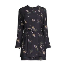  A.L.C. Jardani Belted Floral Silk Black Mini Dress Size 12 Black Long Sleeve