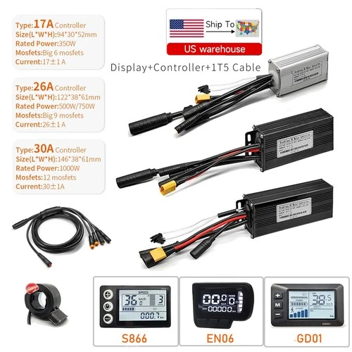 E-Bike 24V/36V/48V 17A/26A/30A Controller &Display WP Plug for 250W-1000W Motor