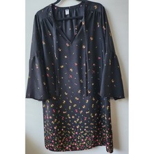 Old Navy Floral Bell Sleeve Shift Dress Black Pink V-Neck Tie Large Womens