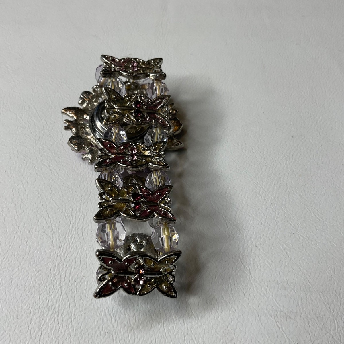 Floral StretchBracelet Watch Pink Enamel Flowers Crystal BeadsRhinestone’s-Works View 4