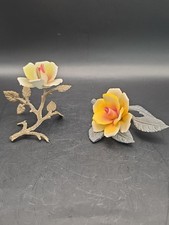 2 Vintage Capodimonte Porcelain Roses Metal Stem Italy Flowers Yellow White Pair
