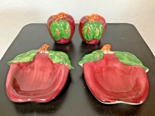 1940-47 Franciscan Ware APPLE Salt & Pepper Shakers, TWO Tea Bag/Spoon Holders