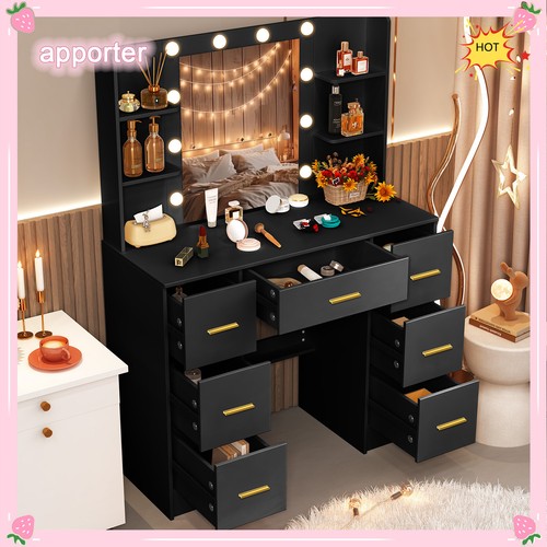 Juego de tocador con mango dorado 10 luces LED espejo tocador mesa tocador escritorio 7 cajones - Imagen 5 de 10