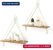 Mkono Macrame Hanging Shelves Boho Wall Decor Set of 2 Rustic Wood Floating Stor