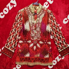 Tory Burch Womens Size 4 Embellished Ikat Tunic Blouse Beaded Boho Silk Blend...
