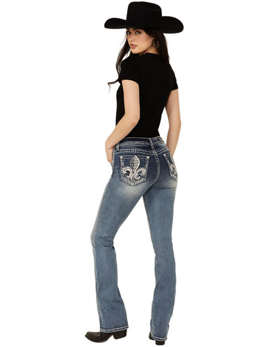 Grace In La Women's In Medium Wash Americana Fleur De Lis Mid Rise Bootcut -