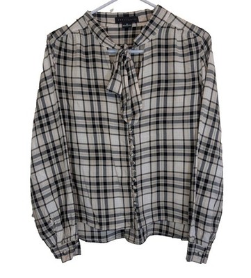 Sanctuary Kiera Tie Neck Plaid Blouse Pleating Button Front Preppy Oversized XS