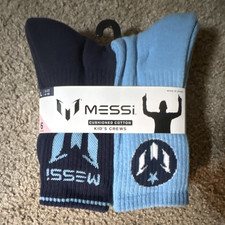 Messi Cushioned Kids Crew Socks 6 Pairs Size L 4-10 Navy/Blue Logo
