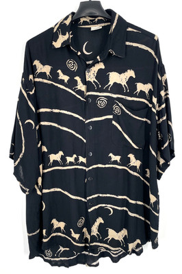 Meng Design woen s size 1 Black Short Sleeve button up Shirt horse print Artsy