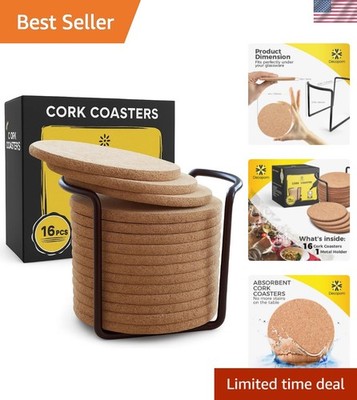 Complete Cork Coaster Set - 16 Absorbent Coasters with Stylish Metal Holder