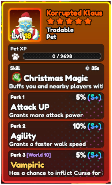 World Zero WZ - PET with PERFECT PERKS - KORRUPTED KLAUS