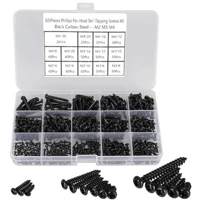 625pcs M2-M4 Phillips Pan Head Self-Tapping Screws Assortment Kit Black