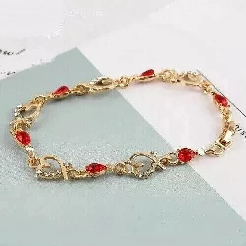 Precioso brazalete tenis corazón rubí simulado pera de 6 quilates chapado en oro amarillo de 14 k Foto 4 de 4