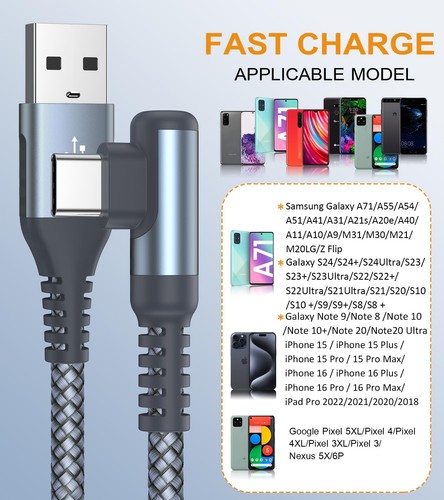 USB C Cable Right Angle [3Pack, 10FT+6.6FT+3.3FT], 3.1A Fast Charger Cable Ny... - Picture 4 of 7