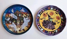 Set Of 2 12" Halloween Vintage Tray Haunted House Witch Ghosts Skeleton Metal