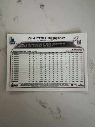 Clayton Kershaw Los Angeles Dodgers 2022 Topps Chrome Pink Refractor #183 - Picture 2 of 2