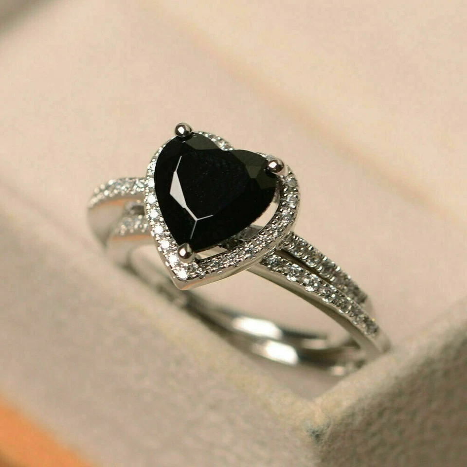 2Ct Heart Cut Simulated Black Diamond Bridal Engagement Ring 14k White Gold Over - Image 4 of 4