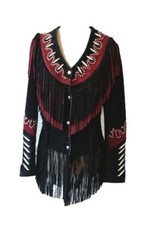 Womens Western Jacket Suede Leather Cowboy Fringe Bead Bone Native American Coat