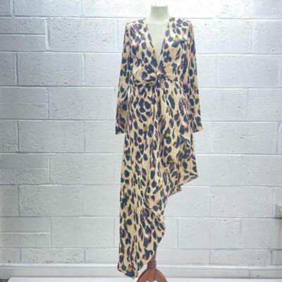 PLT LEOPARD SATIN MIDIKLEID GRÖßE UK 10 DRAPIERT LANGARM KNOTEN VORNE Y2K