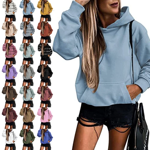 Ladies Loose Fit Long Sleeve Pullover Women Fall Warm With Pocket Hooded Tops - Picture 2 of 80