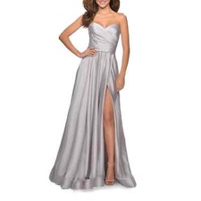 La Femme Strapless Slit Satin Ballgown Sleeveless Silver Women's Size 8 NWT