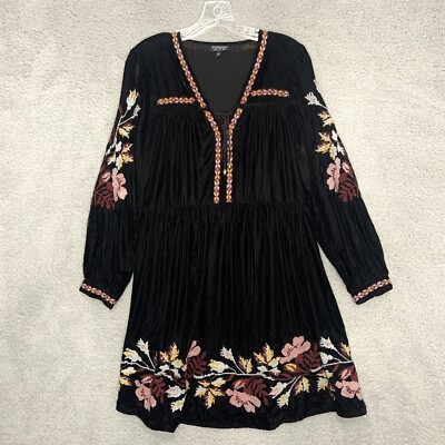Topshop Dress Womens 4 Black Velvet Floral Embroidered Boho Party Holiday |  eBay
