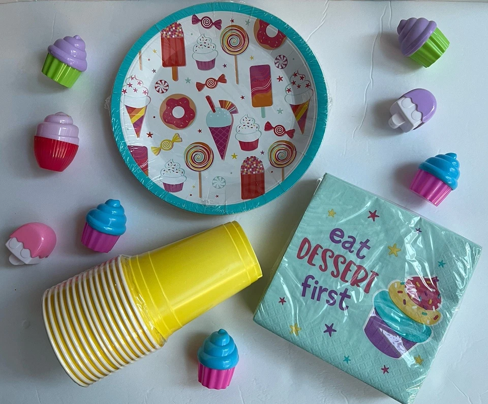 Товары для вечеринки на день рождения кексы мороженое 16 обеденных тарелок/чашек и 20 салфеток - Изображение 2 из 4