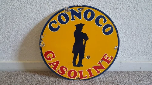 VINTAGE CONOCO GASOLINE  MOTOR OILS 11 3/4" PORCELAIN GAS SIGN LUBESTER