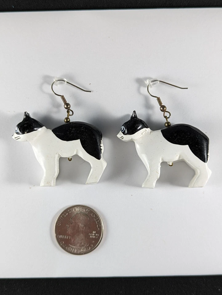 Manx cat earrings black/white hand-painted - Image 2 of 4