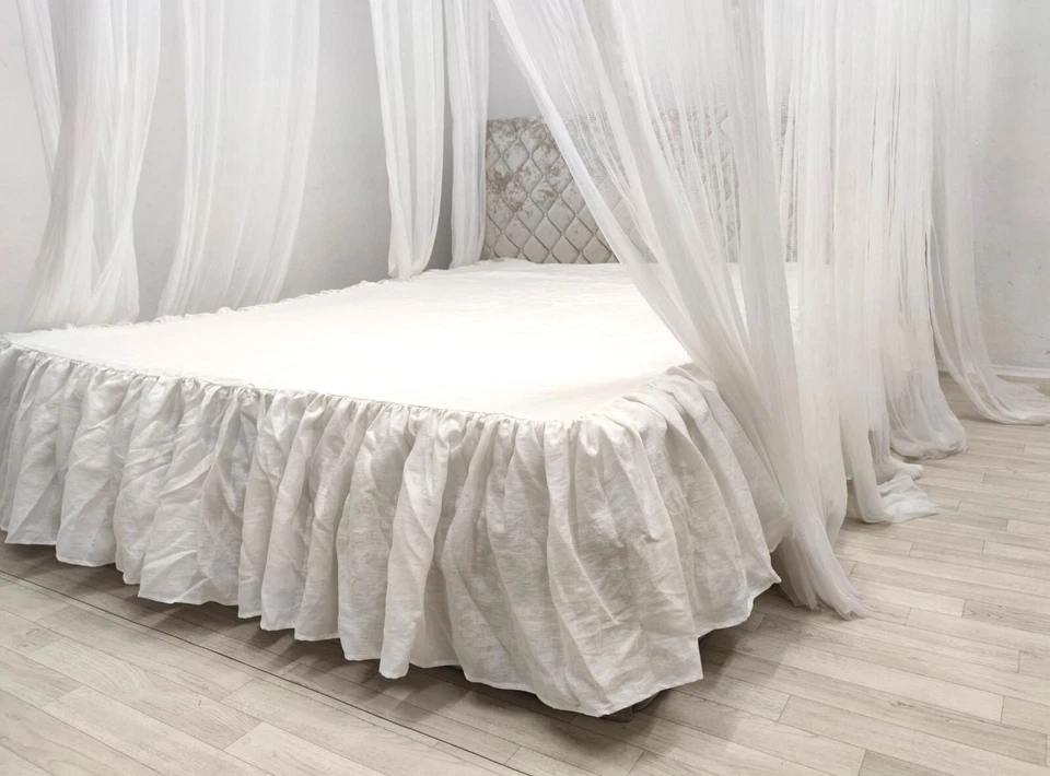 Falda de cama de lino con volantes antipolvo Falda de cama Colchón Falda Caja Cubierta de resorte Colcha Foto 2 de 4