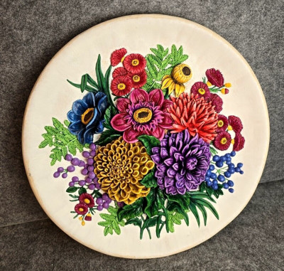 Hand Painted Chalkware Decorative Cottage Core 14'' 3D Floral Hanging Plate 1982