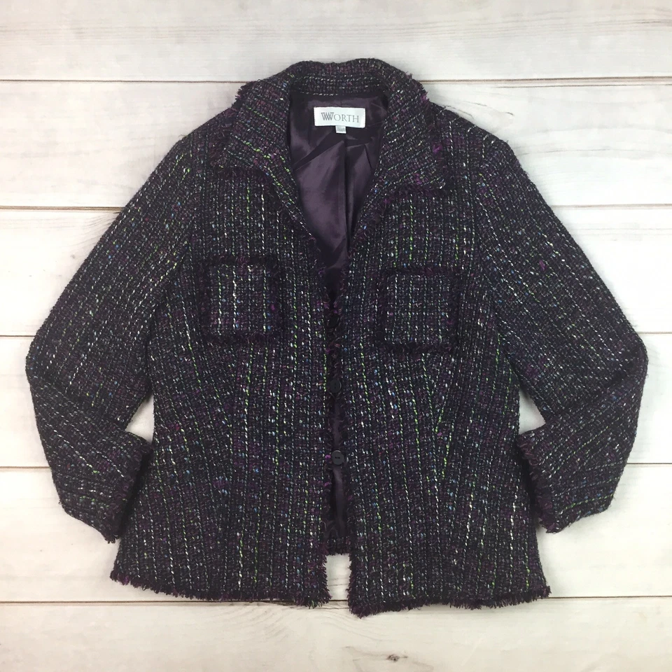 $796 VALE LA PENA Para mujeres 14 Púrpura Tweed Flecos Lana Seda Lápiz Falda Chaqueta Traje Foto 4 de 4