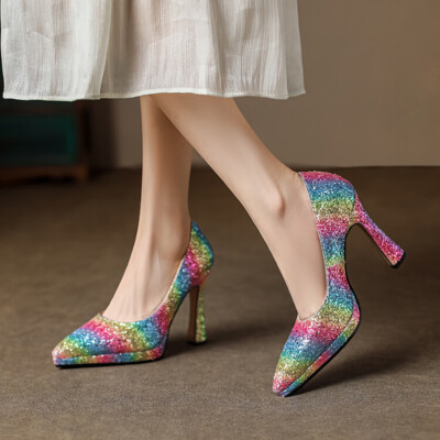 Women's Chic Glitter Sequin Pointy Toe Platform Block Heel Pump Dress Shoes  NWON | eBay
