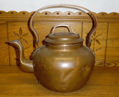 Vintage / Antique Signed Copper Goose Neck Teapot with Spout Flap Leaks Denting