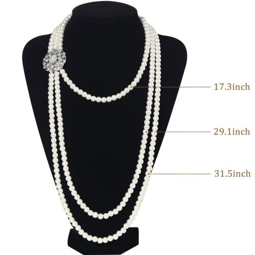 GREAT GATSBY 1920S SILVER PLATED RHINESTONE DISC PEARL TASSEL NECKLACE EARRING - Picture 3 of 5