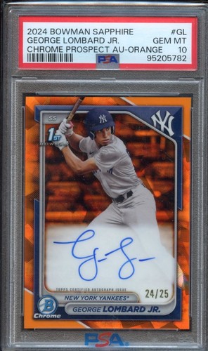 2024 Bowman Sapphire George Lombard Jr.-1st Prospect Auto - Orange /25 - PSA 10