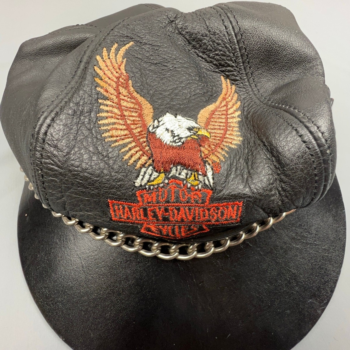 Vintage 80s Harley-Davidson Leather Chain Biker Hat Eagle Logo
